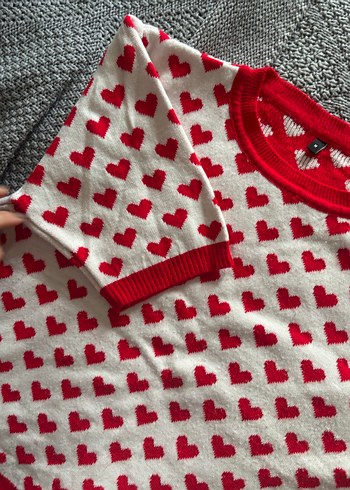 Kırmızı Kalp Desenli Kadın Triko Kazak - Görsel 3