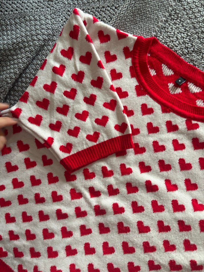 Kırmızı Kalp Desenli Kadın Triko Kazak - Görsel 3