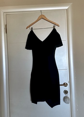 Siyah V Yaka Drapeli  Elbise - Görsel 6