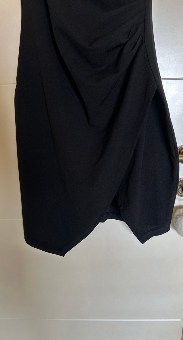 Siyah V Yaka Drapeli  Elbise - Görsel 4