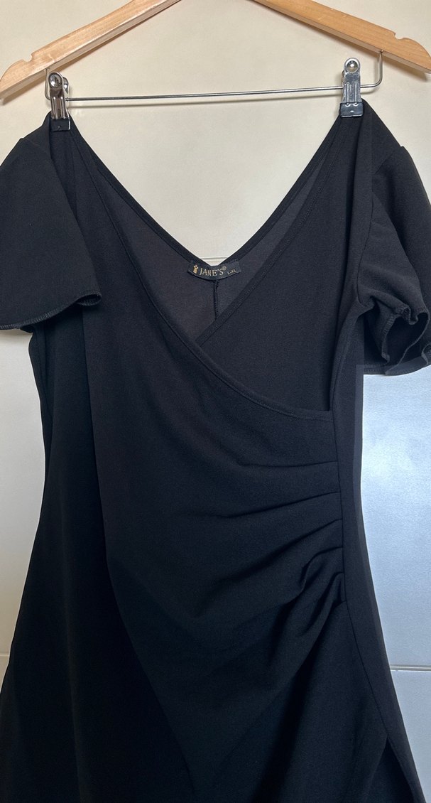 Siyah V Yaka Drapeli  Elbise - Görsel 3