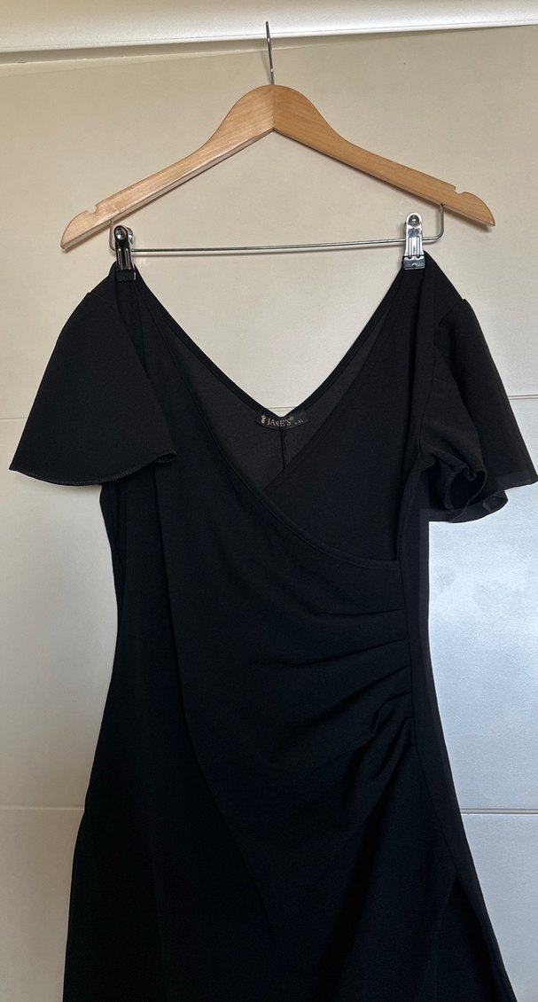 Siyah V Yaka Drapeli  Elbise - Görsel 2