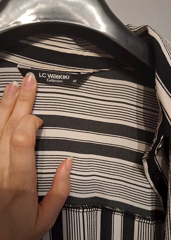 Bej Çizgili Uzun Kollu Keten Gömlek - Görsel 2