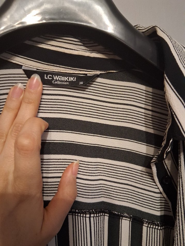 Bej Çizgili Uzun Kollu Keten Gömlek - Görsel 2