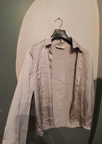 Gri Kadın Saten Gömlek, Düğmeli, Uzun Kollu - Görsel 2