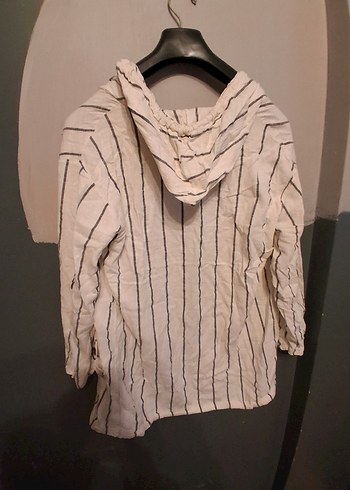 siyah beyaz Çizgili Düğmeli Keten Gömlek - Görsel 5