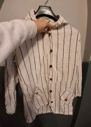 siyah beyaz Çizgili Düğmeli Keten Gömlek - Görsel 3