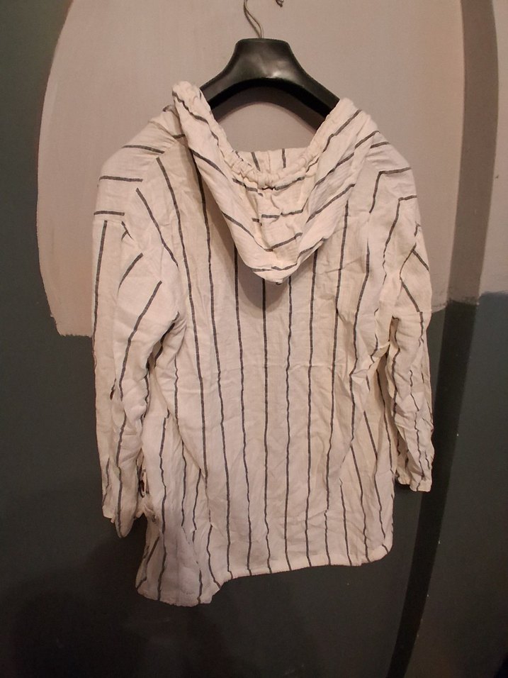 siyah beyaz Çizgili Düğmeli Keten Gömlek - Görsel 5