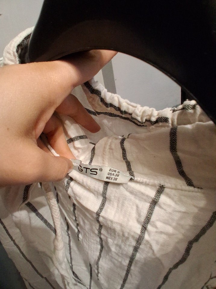 siyah beyaz Çizgili Düğmeli Keten Gömlek - Görsel 4