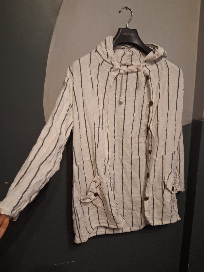 siyah beyaz Çizgili Düğmeli Keten Gömlek - Görsel 2