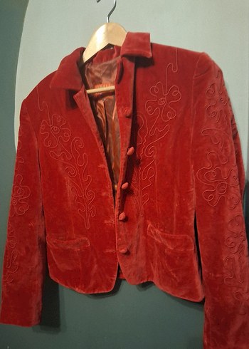 Nakışlı Kırmızı Kadın Süet Ceket - Görsel 4