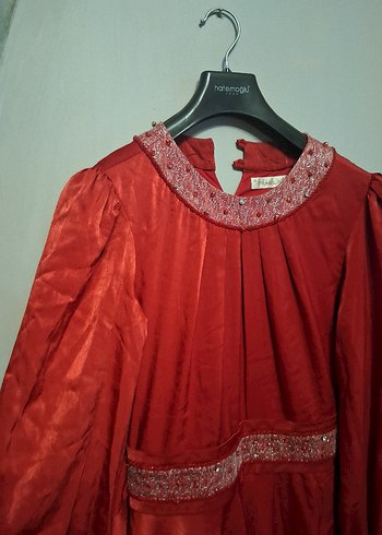 Kırmızı Vintage Nakışlı Uzun Elbise - Görsel 8