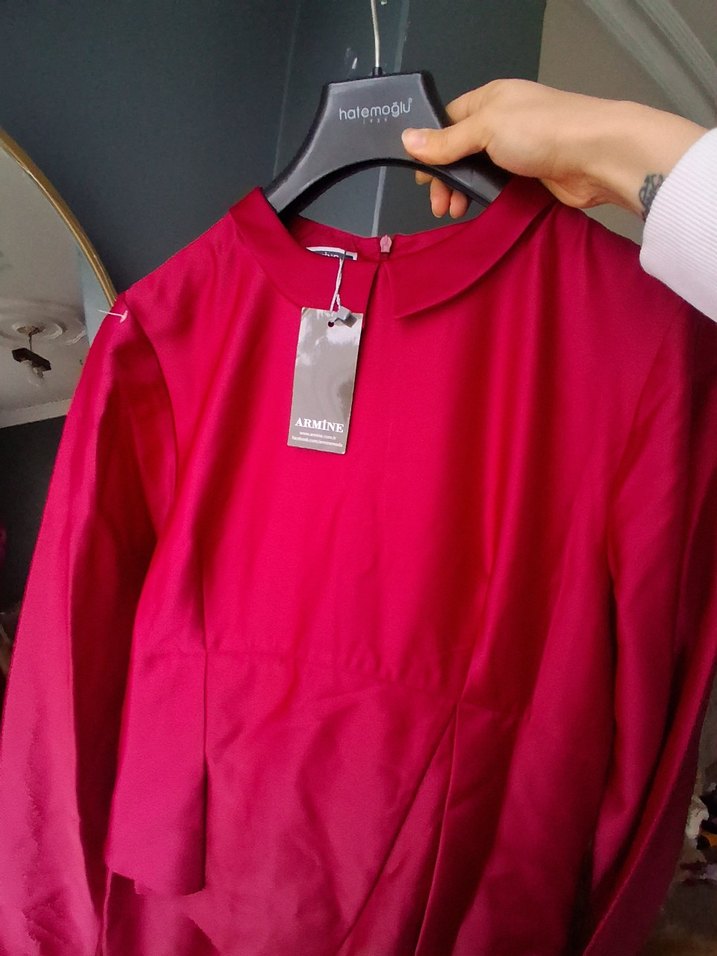 Bordo Uzun Kollu Drapeli Kadın Elbise - Görsel 2