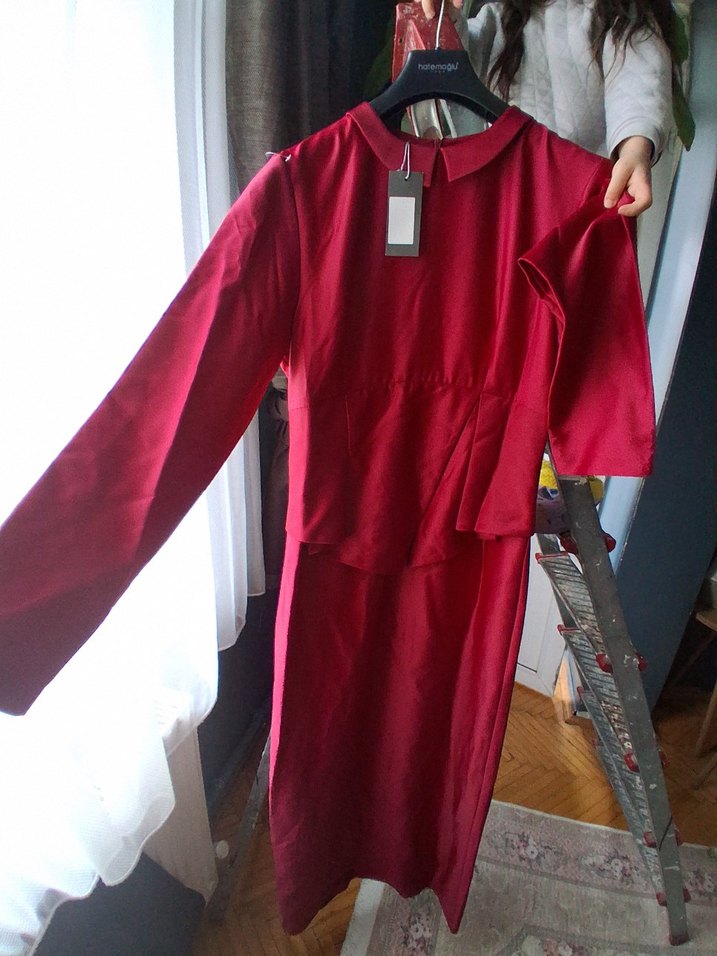 Bordo Uzun Kollu Drapeli Kadın Elbise - Görsel 4