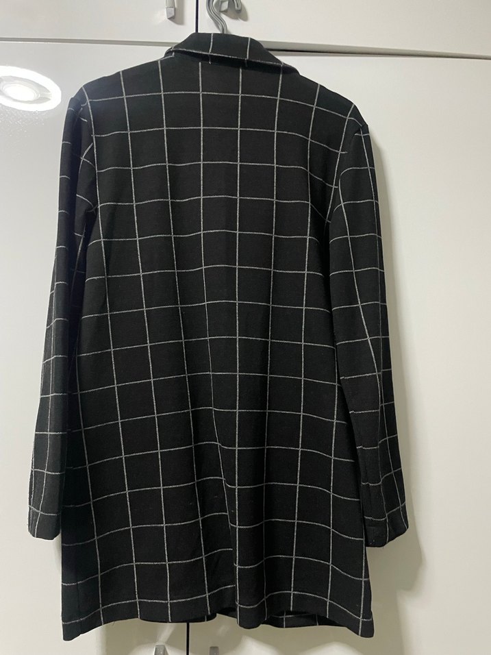 Kadın Gri Kareli Düğmeli Blazer Ceket - Görsel 3