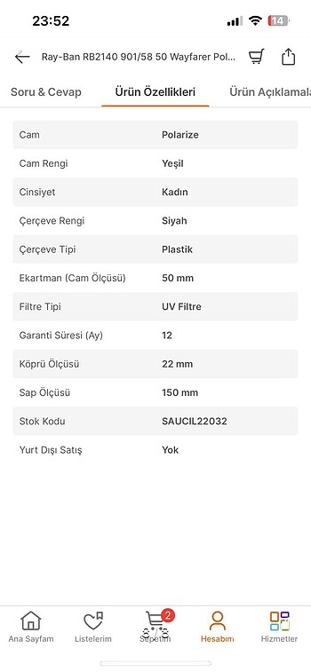 Ray Ban RayBan Wayfarer Polarize Güneş Gözlüğü