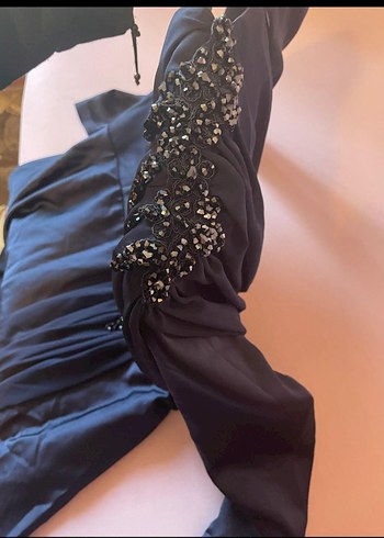 V Yaka Uzun Kollu Gri Drapeli Abiye Elbise - Görsel 5