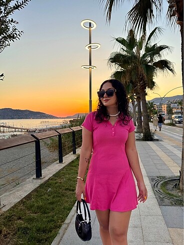 m Beden pembe Renk Polo yaka mini elbise