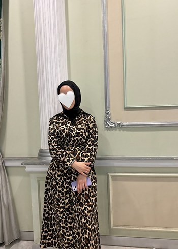 Kahverengi Leopar Desenli Uzun Elbise