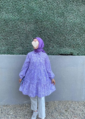 Pastel Mor Bağlama Desenli Uzun Kollu Tunik