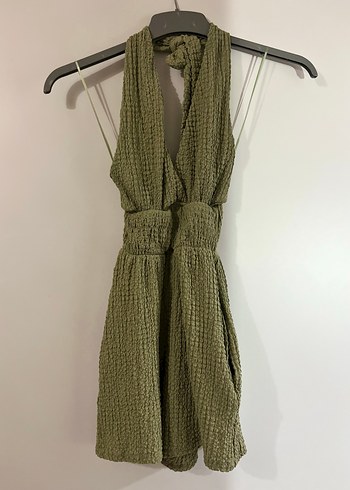 V Yaka Kolsuz Mini Haki Tulum - Görsel 7