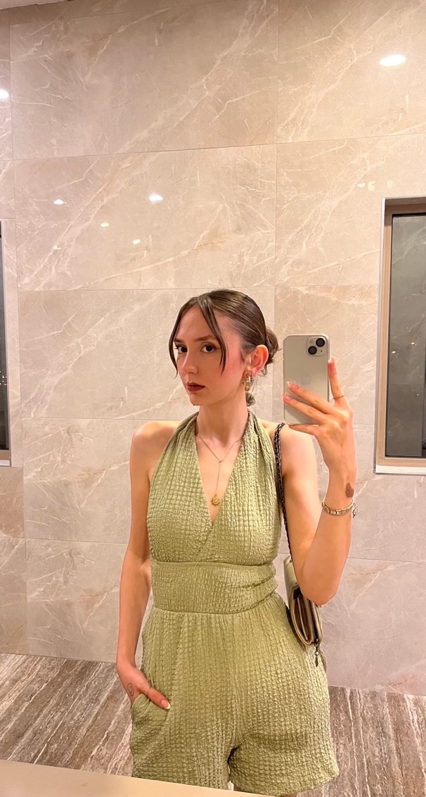 V Yaka Kolsuz Mini Haki Tulum - Görsel 5