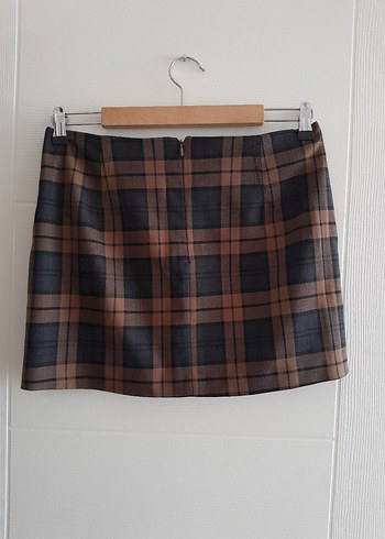 Bershka Kahverengi Ekose Kemerli Mini Etek