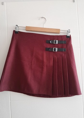 Bordo Kemerli Mini Etek