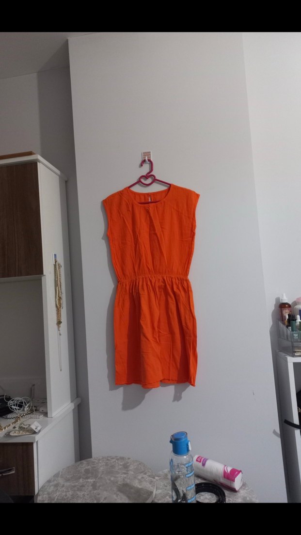 Turuncu Keten Mini Kolsuz Elbise - Görsel 2