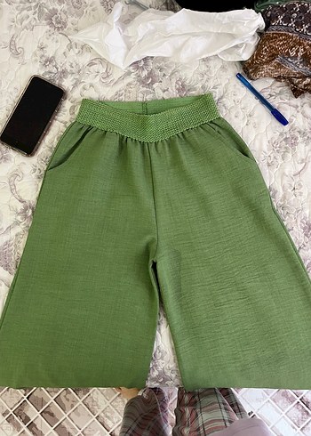 Yeşil Bol Kesim Kemerli Keten Kadın Pantolon - Görsel 2