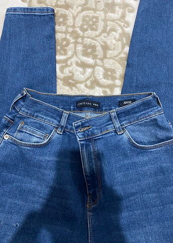 40 Beden mavi Renk Kadın Mavi Kadife Detaylı Bol Kesim Denim Pantolon