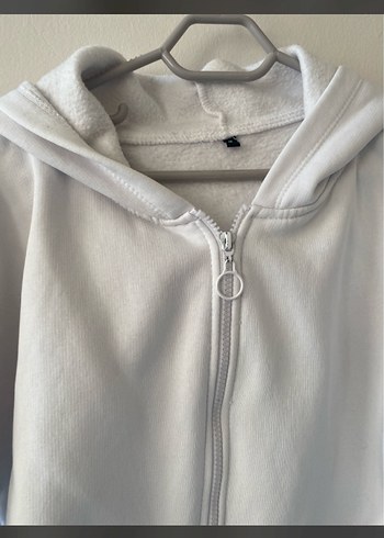 m Beden Kapüşonlu Beyaz Fermuarlı Sweatshirt