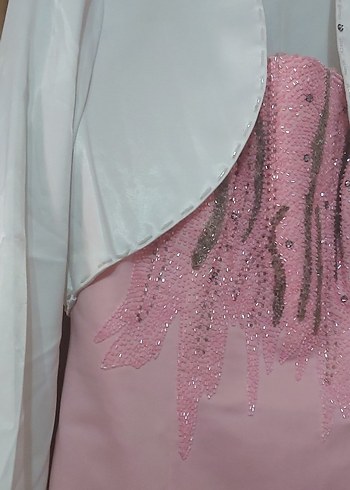 Drapeli Pembe Nakışlı Uzun Abiye Elbise - Görsel 8