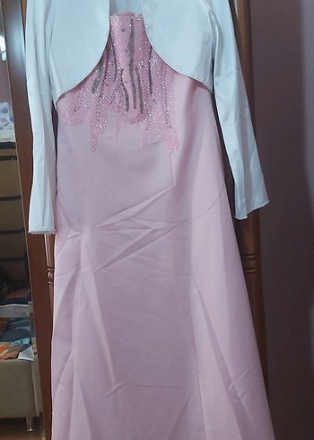 Drapeli Pembe Nakışlı Uzun Abiye Elbise - Görsel 6