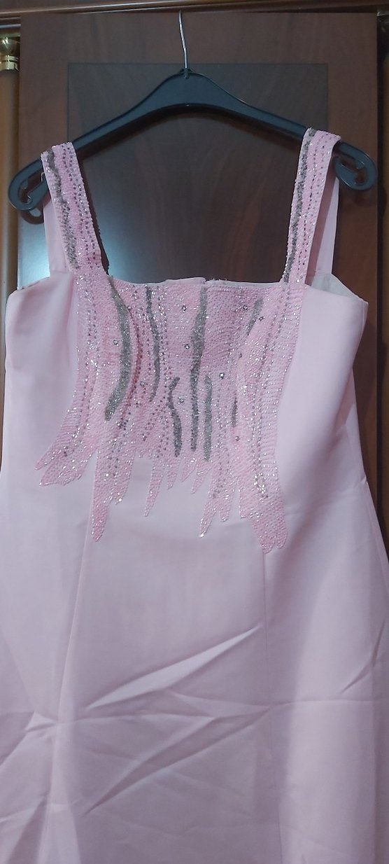 Drapeli Pembe Nakışlı Uzun Abiye Elbise - Görsel 3