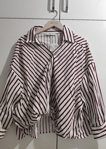 Bordo Çizgili Uzun Kollu Kadın Gömlek - Görsel 2