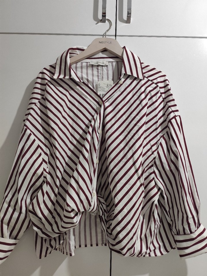 Bordo Çizgili Uzun Kollu Kadın Gömlek - Görsel 2