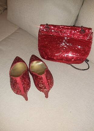 39 Beden kırmızı Renk Mango payetli çanta +ayakkabı 