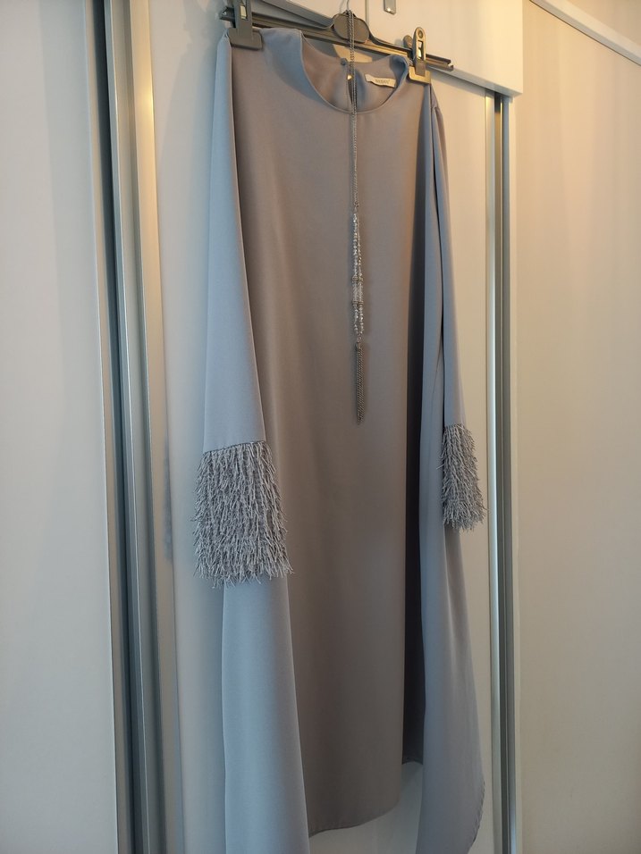 Gri Uzun Kollu Püsküllü Kadın Elbise -tunik - Görsel 2
