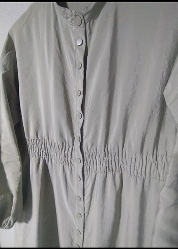 Düğmeli Gri Uzun Keten Elbise - Görsel 3