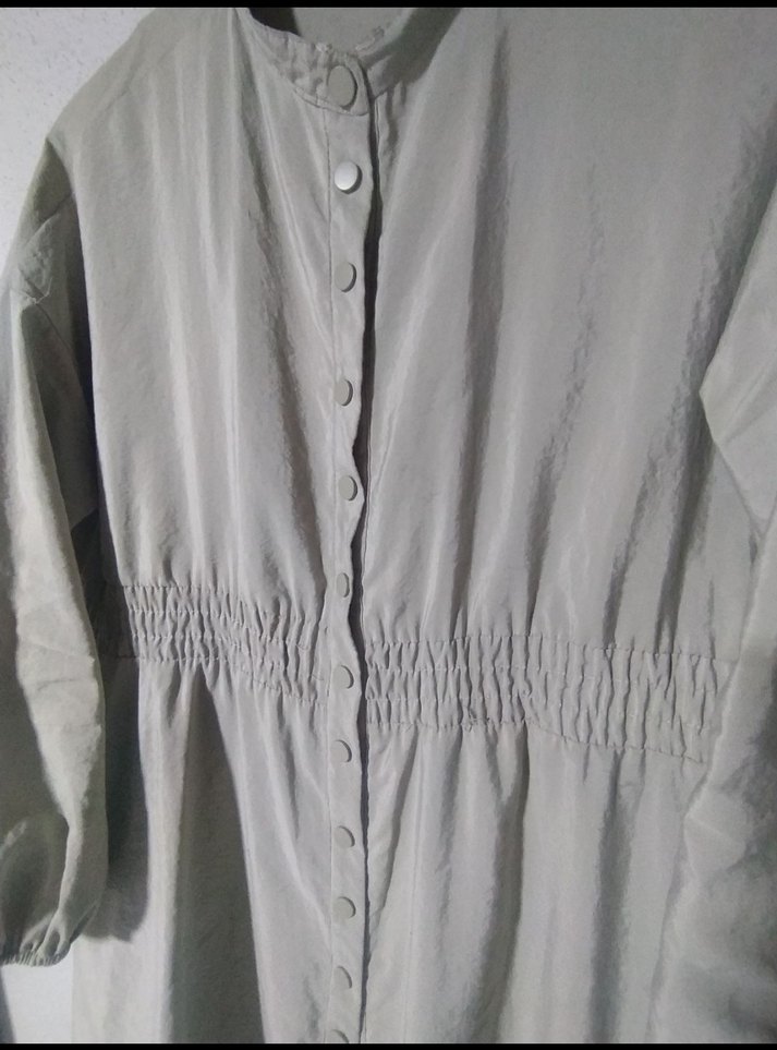 Düğmeli Gri Uzun Keten Elbise - Görsel 3