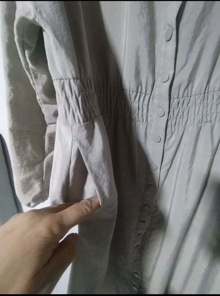 Düğmeli Gri Uzun Keten Elbise - Görsel 2