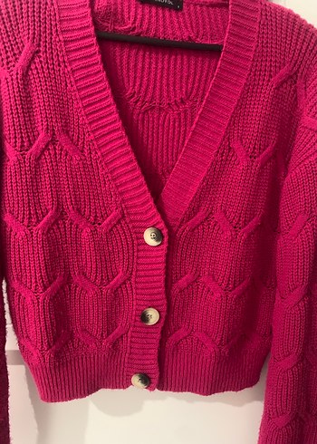 Pembe V Yaka Örgü Kadın Hırka - Görsel 3