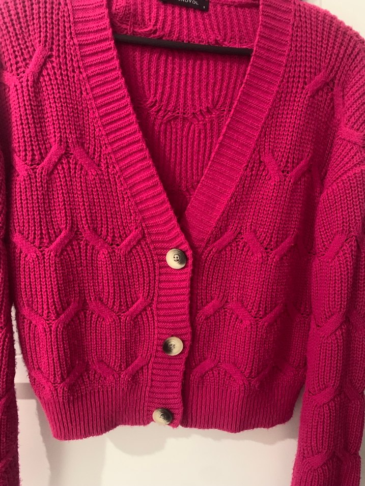 Pembe V Yaka Örgü Kadın Hırka - Görsel 3