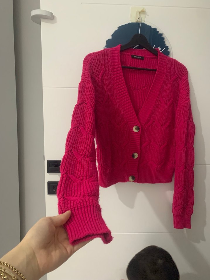 Pembe V Yaka Örgü Kadın Hırka - Görsel 2