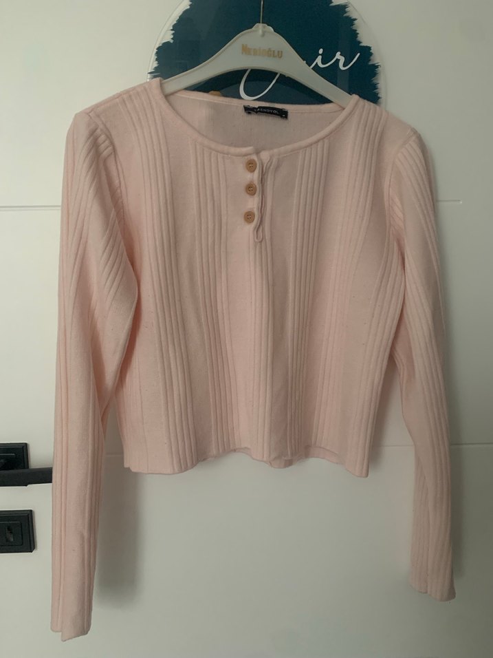 Düğmeli Pembe Triko Kadın Kazak - Görsel 2