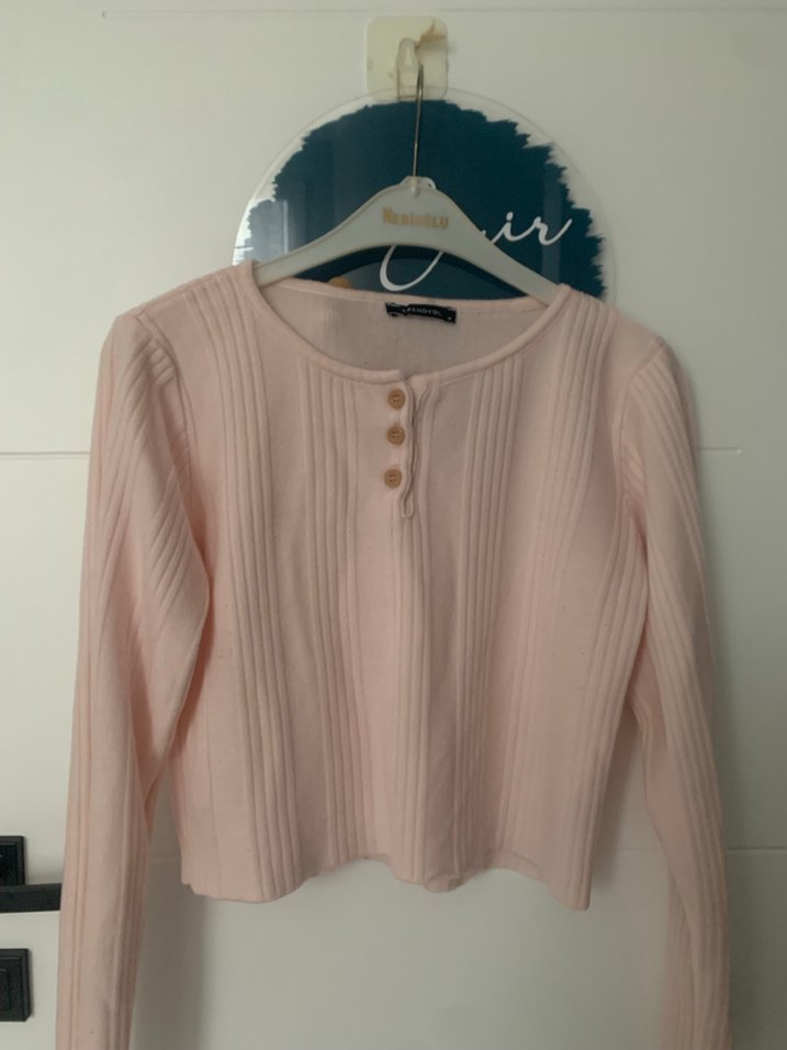 Düğmeli Pembe Triko Kadın Kazak - Görsel 4