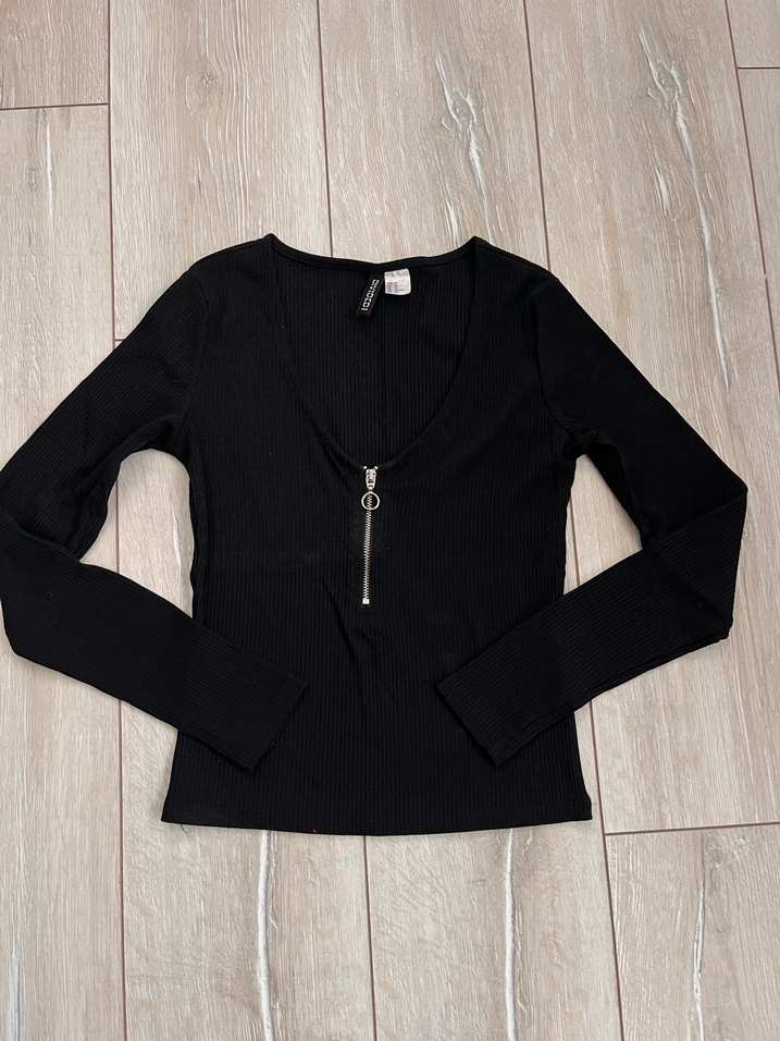 H&M Fermuarlı V Yaka Uzun Kollu Kazak - Görsel 2