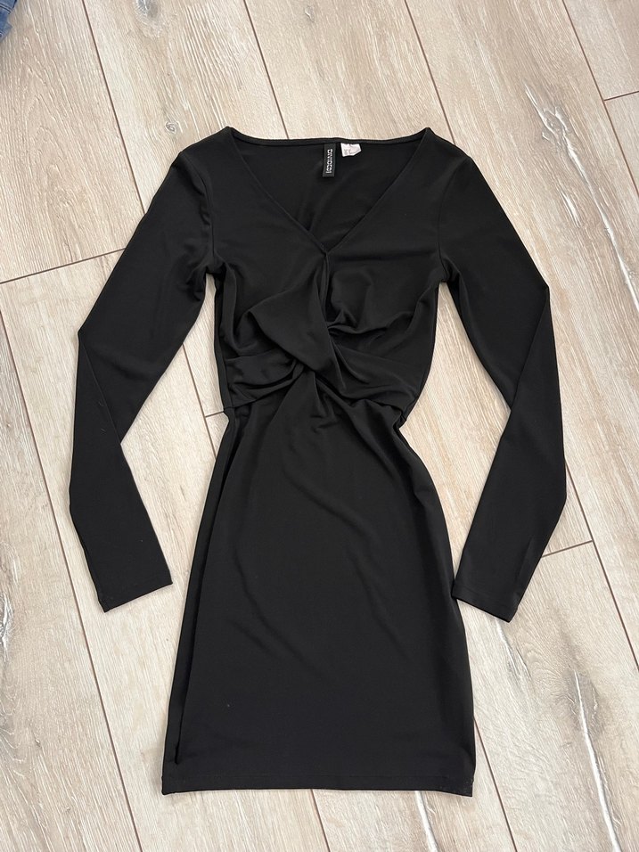 H&M Siyah Drapeli V Yaka Uzun Kollu Kadın Elbise - Görsel 2