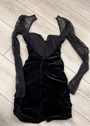 Bershka Dantel Detaylı Uzun Kollu Siyah Mini Elbise - Görsel 6